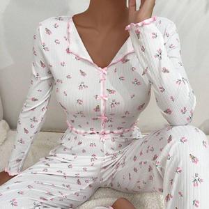 高品质翻领长袖睡衣女式女孩睡衣休闲服装内衣女式套装 - Product Image 1