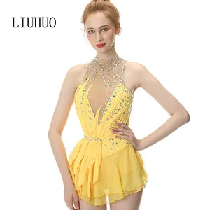 Yellow elastic net yarn dance wear yellow stretch mesh leotard practising skating training suit