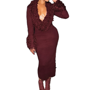Vestido de punto peludo para mujer, casual, natural, con cuello en V profundo, sexy, elegante, para fiesta, tendencia de invierno, elástico, ajustado, midi, bodycon - Product Image 1