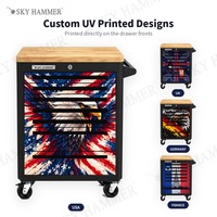 Armoire à outils roulante SKY HAMMER à 7 tiroirs, imprimée UV, personnalisable, verrouillable, avec roulettes, en chêne, acier et dessus en plastique