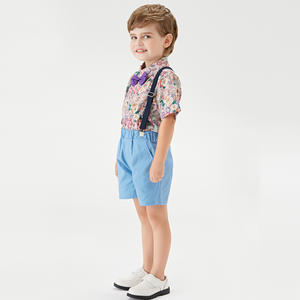 2025 estilo coreano niños Casual verano conjunto Floral manga corta <span class=keywords><strong>Camisa</strong></span> azul claro con <span class=keywords><strong>tirantes</strong></span> pantalones cortos ropa para niños - Product Image 5