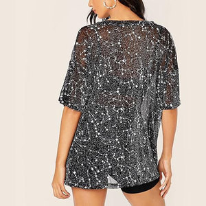 OEM personnalisé femmes paillettes pure sexe T-shirts coupe ample brillant argent Sequin voir à travers les manches courtes <span class=keywords><strong>haut</strong></span> en maille t-shirt - Product Image 4