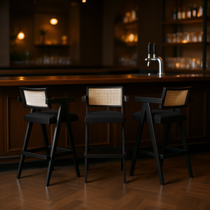 Milan 29.5 - Juego de 3 taburetes de bar modernos de resina con brazos, color negro ébano - Product Image 2