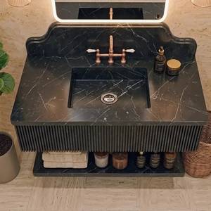 Meuble-lavabo flottant de luxe en marbre Nero Marquina avec vasque intégrée, façade cannelée, armoire de salle de bain personnalisée en pierre, durable et écologique - Product Image 2