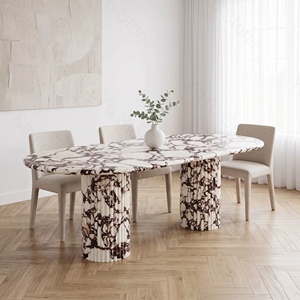 Table à manger ovale en marbre Calacatta Viola de luxe UnionStone, pierre naturelle polie, base en colonne cannelée pour salle à manger à domicile - Product Image 1