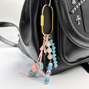 Vintage Natural Stone Beaded Keychain Boho Handmade Bag Charm Pendant Heart Star Metal Key Holder For Phone chain - Product Image 3