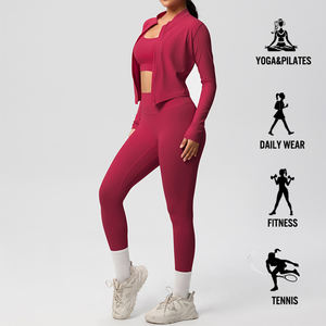 Hochwertiges 3-teiliges Damen-Yoga-Set mit individuellem Logo, Sport-BH, High-Waist-Leggings, Langarmjacke, schnelltrocknend, Fitness-Aktivkleidung - Product Image 3