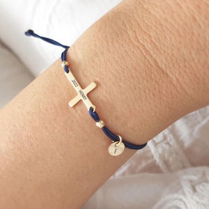 Custom Personalized Cross <b>Bracelet</b> Silver Plated Zinc Alloy Adjustable <b>Rope</b> Engraved Name Religious Unisex Gift Jewelry - Product Image 5