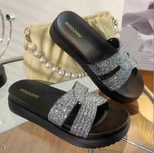 Factory Cheap Fashion Shiny Rhinestone Wedge Sandals Designer Sandals New Style High Quality Slipper Dress <b>Shoes</b> - Product Image 2