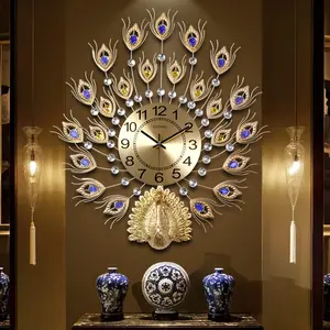 De lujo de diseño moderno 3D Reloj de pared Pavo Real Metal arte casa decoración de la pared