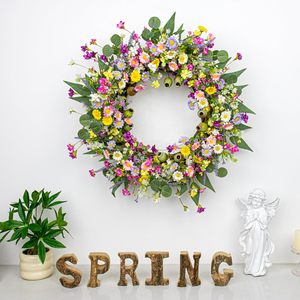 Nhân Tạo Mùa Xuân Vòng Hoa 22 Inch Mùa Hè Vòng Hoa Cho Cửa Trước Với Màu Xanh Lá Cây Bạch Đàn Lá Màu Hồng Daisy Hoa Oải Hương Mùa Xuân Cửa - Product Image 2