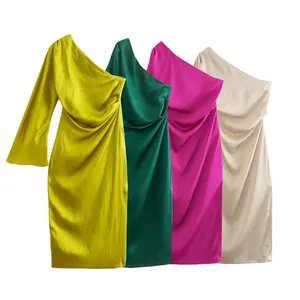 PB&ZA Women's 2022 New Chic Fashion Asymmetric Silk Satin Texture Dress Long Sleeve Women's Dress Vestidos Mujer