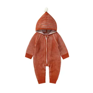 Winter Baby Rompers Plain Dyed Vertical Stripes Clothes Long Sleeve Hooded with Ball Baby Jumpsuit Zipper Knitted Romper