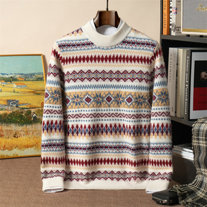 Premium <strong>Christmas</strong> Holiday Gift Retro Jacquard Thick Knit Mock Neck Top Rich Pattern 100% Cashmere <strong>Men</strong> Pullover Sweater - Product Image 3