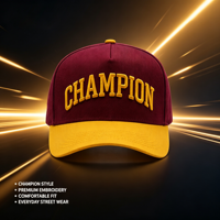 Casquette de baseball personnalisée avec logo brodé en 3D, couleur contrastée marron et or, visière incurvée, couronne haute, fermeture à pression