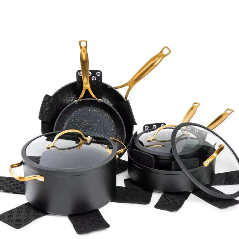 Juego de utensilios de cocina antiadherentes de granito, utensilios de cocina portátiles de acampada con mango de acero inoxidable negro