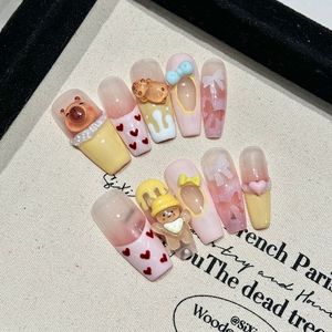 Faux ongles à presser faits main, longs forme cercueil, motifs Kawaii Capybara, ours en gomme 3D, cœur, nœud en ruban, colorés, effet bonbon et gelée, vente en gros - Product Image 2