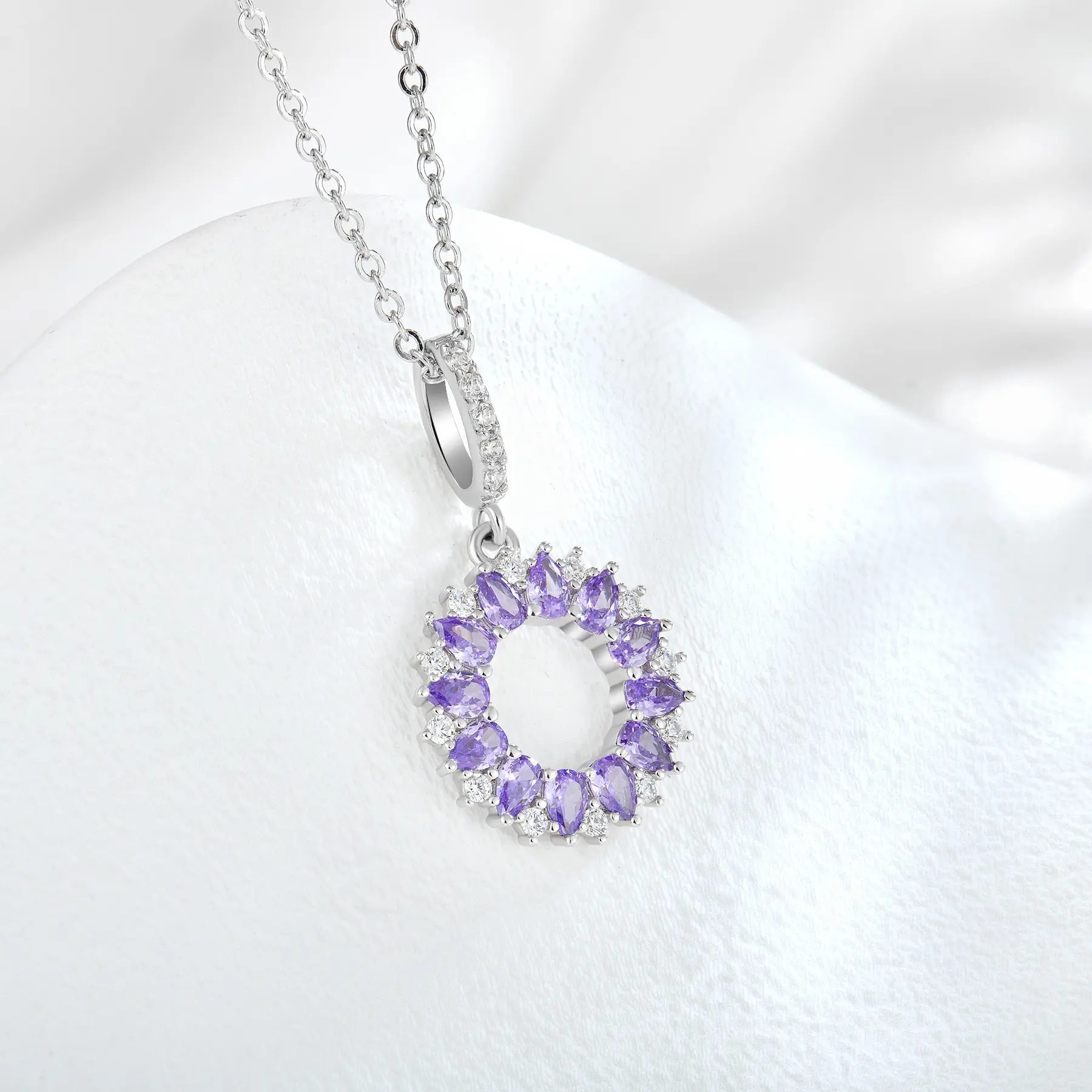 Nouveau design populaire dames 925 pur argent bijoux fins violet fleur cercle boucle d'oreille anneau collier ensemble de bijoux