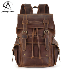 Sac de voyage rétro européen en cuir véritable, sac à dos pour ordinateur portable 17 pouces, sac à dos pour homme en cuir Crazy Horse - Product Image 1