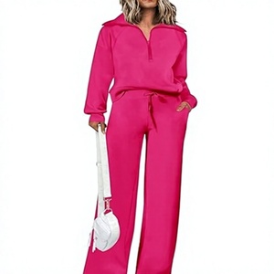 Unisex <b>Pink</b> Quarter Zip <b>Sweatshirt</b> Set Regular Sleeve Knitted Solid Color Loose Fit Casual Autumn Wear With Pocket - Product Image 1