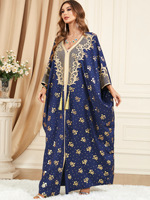 Nouvelle Abaya Kaftan musulmane de Dubaï - Robe longue islamique bleu marine à imprimé floral doré, col en V, patchwork de dentelle et manches chauve-souris pour l'Aïd et le Ramadan