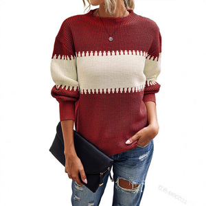 Women's Korean version color <b>block</b> pullover striped sweater with regular sleeves, winter fashion knitted and woven - Product Image 6