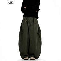 Pantalon cargo large YOFA en toile vert militaire unisexe, design rétro personnalisé de haute qualité, délavé, coupe ample amincissante, teint uni