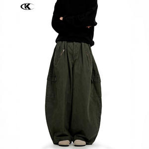 11KN <span class=keywords><strong>militaire</strong></span> vert toile large-jambe Cargo <span class=keywords><strong>pantalon</strong></span> unisexe de haute qualité personnalisé rétro lavé Design rue minceur <span class=keywords><strong>Baggy</strong></span> plaine teint - Product Image 3