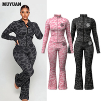 Nouvel ensemble de sport 2 pièces imprimé léopard pour femme avec veste de yoga zippée et leggings évasés à revers, tenue Y2K personnalisée de haute qualité