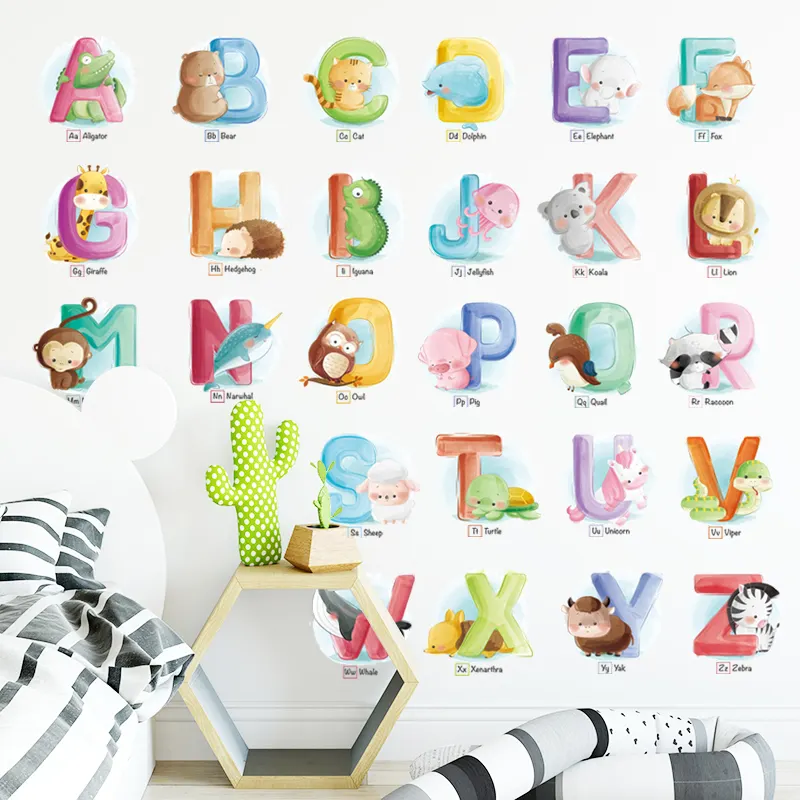 26 İngilizce alfabe duvar kağıdı karikatür hayvan duvar resmi çocuk dekor duvar Sticker için çocuk odası anaokulu çıkartmalar