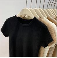 Pull court en tricot mince pour femme, t-shirt d'été décontracté, col rond, manches courtes, couleur unie