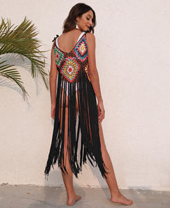 Fábrica Mujeres <span class=keywords><strong>Sexy</strong></span> <span class=keywords><strong>Granny</strong></span> Square Hecho a mano Crochet Tassel Dress Beach Swimsuit Cover Ups - Product Image 5