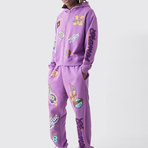 Conjunto Deportivo Morado con Capucha y Logos Aplicados, Ropa Urbana de Algodón de Longitud Completa, Unisex para Adultos, Ropa de Otoño - Product Image 1
