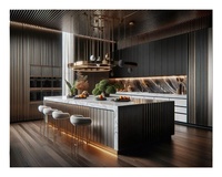 Nouveau design personnalisé îlot de coin incurvé placage de bois panneau cannelé noir armoires de cuisine pour villa