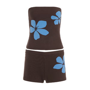 Conjunto de dos piezas con estampado floral para mujer, estilo retro vintage, informal, sencillo, top de manga corta y pantalones - Product Image 6