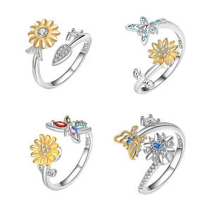 크로스 보더 S925 순수 실버 데이지 오프닝 링 간단하고 신선한 학생들을위한 숲 스타일 잠자리 반지 슈퍼 요정 반지 - Product Image 1