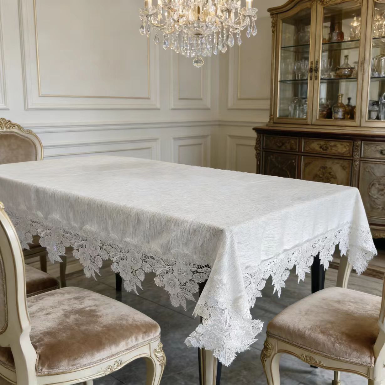 Wholesale Vintage Embroidered White Lace Rectangle Tablecloth Sheer Overlay European Fabric For Rustic Outdoor Bridal Wedding