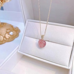 Strawberry Quartz Heart Necklace Pink Crystal Pendant Bezel Setting Everyday Wear 10cm Extended Chain - Product Image 2