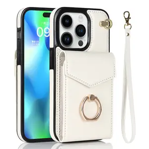 Capa de couro luxuosa para celular, carteira de negócios exclusiva para iPhone 14 15, com slots para cartão, capa traseira, capa de mão