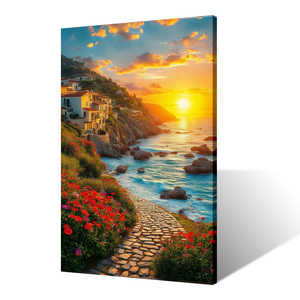 Paysage <span class=keywords><strong>marin</strong></span> méditerranéen moderne toile écologique B & C ART vibrant <span class=keywords><strong>paysages</strong></span> marins ensoleillés maisons côtières à flanc de falaise fleurs - Product Image 2