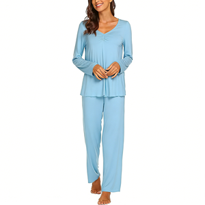 Ensembles de pyjamas pour femmes en fibre de bambou personnalisés, ensemble de vêtements de nuit, pyjama uni à col en V, vêtements de détente, vêtements de nuit - Product Image 2