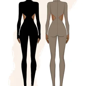 Personalização de marca Lady Sexy Jumpsuit volta zip up cintura oca out manga longa gola Bodysuits para as Mulheres