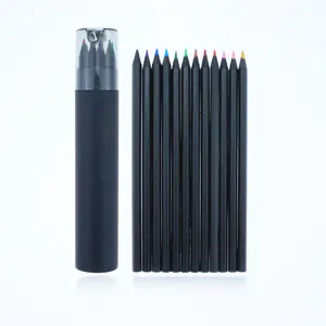Lápis de madeira colorido personalizado, lápis de madeira preto de 7 "12 cores com tampa de apontador de plástico