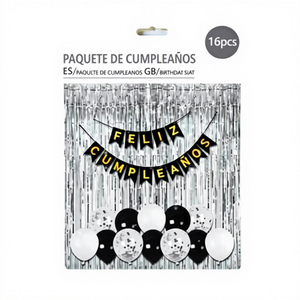 Set de 16 Globos Metalizados en Blanco y Negro con Arco y Pancarta para Graduaciones y Fiestas de Cumpleaños, Marca Peiyong, Modelo 61742 - Product Image 1