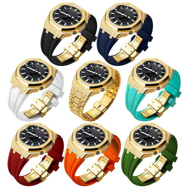 GA2100 Mod Kit Rubber Strap Black Stainless Steel Strap GA2100 Watch Case Retrofit Kit with Full Diamond