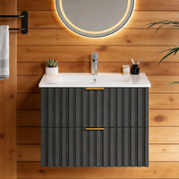 Meuble-lavabo mural de salle de bain 29-31 pouces avec vasque en céramique intégrée, tiroirs cannelés gris foncé, poignées dorées, miroir rond à LED