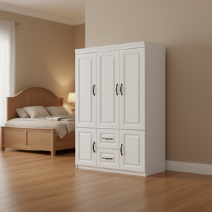 Armoire en bois blanc à 2 portes battantes avec 2 tiroirs, design traditionnel pour meubles de chambre - Product Image 2