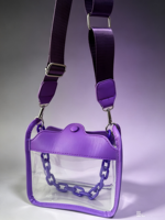 Sac bandoulière transparent en PVC violet avec chaîne, approuvé pour les stades, sac messager transparent avec sangle réglable