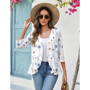 Women's Floral Print 3/4 Sleeve Lightweight <b>Cardigan</b> Open Front Draped Ruffles Kimono Coverup Casual Summer Top - Product Image 5