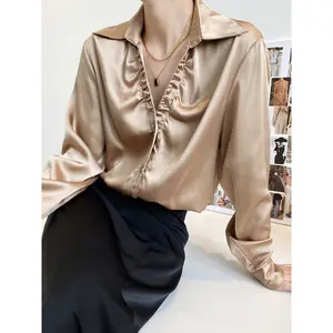 Lusi French European style lazy loose acetate satin shirt women's design pleated V-neck long sleeve shirt